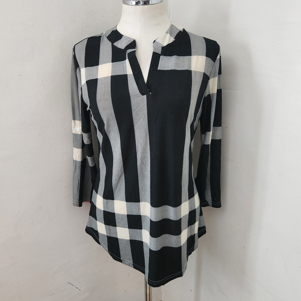 Hong Xin Womens Plaid Tunic Top Black White 3/4 Roll Tab Sleeve Blouse